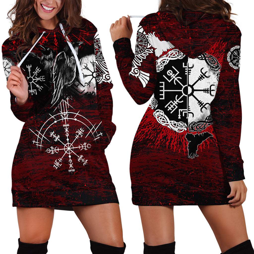 Viking Hoodie Dress Raven Of Odin and Symbol Viking On Blood Background RLT12 - Wonder Print Shop