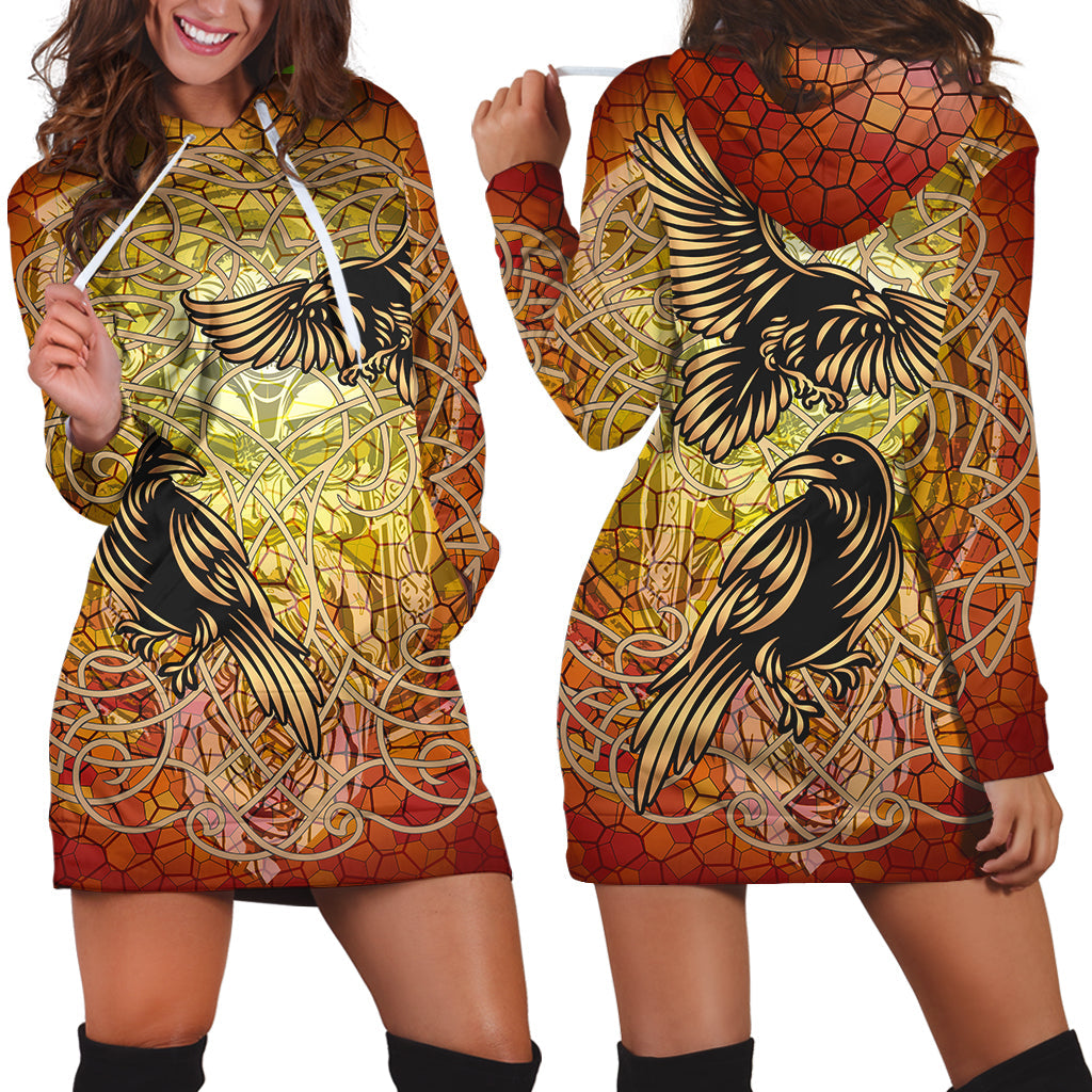 Viking Celtic Symbol Hoodie Dress Huginn and Muninn Of Odin On Yggdrasil Gold RLT12 - Wonder Print Shop