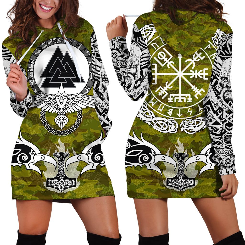 Viking Hoodie Dress Raven Of Odin and Symbol Viking On Camo Background RLT12 - Wonder Print Shop