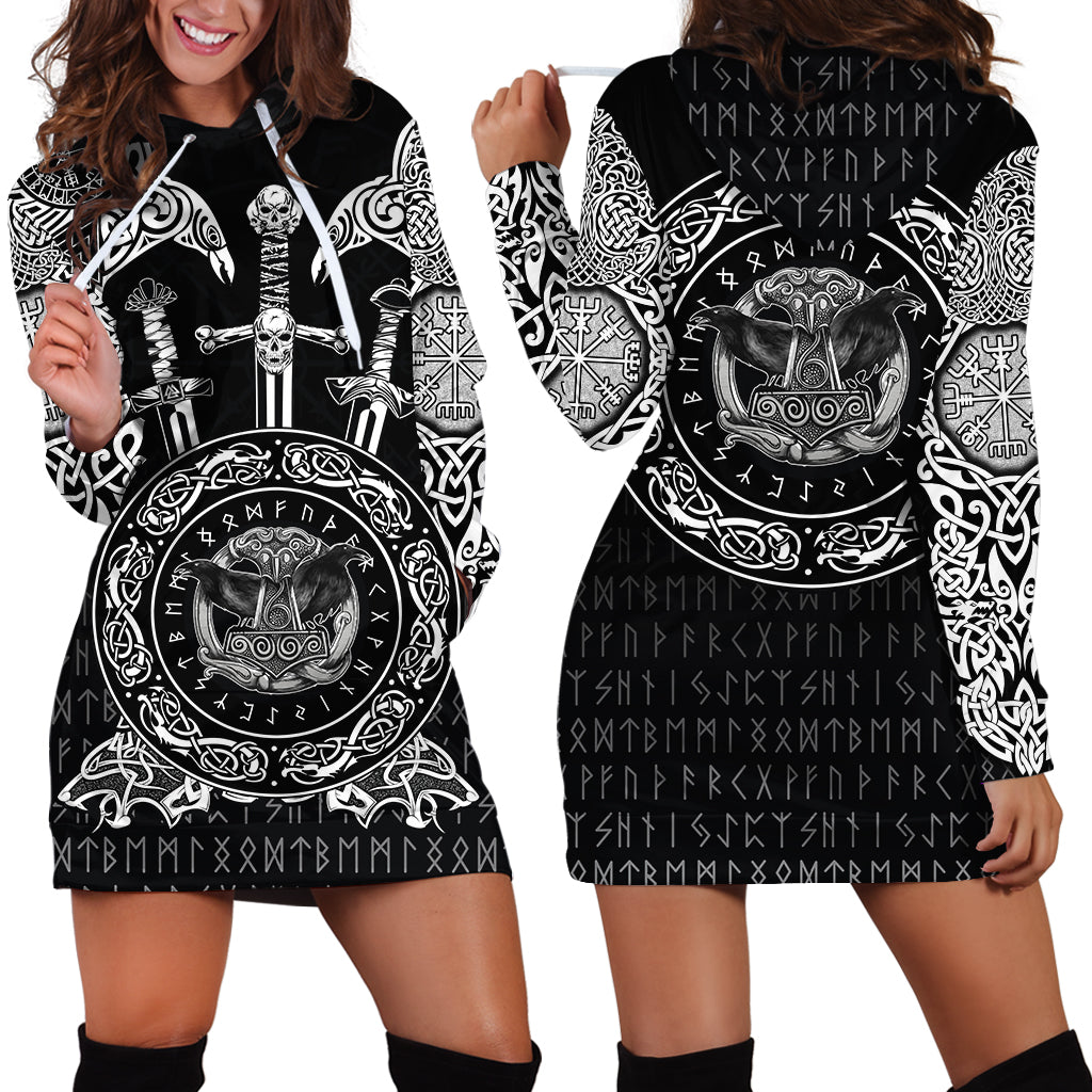 Viking Hoodie Dress Huginn and Muniin With Mjolnir RLT12 - Wonder Print Shop