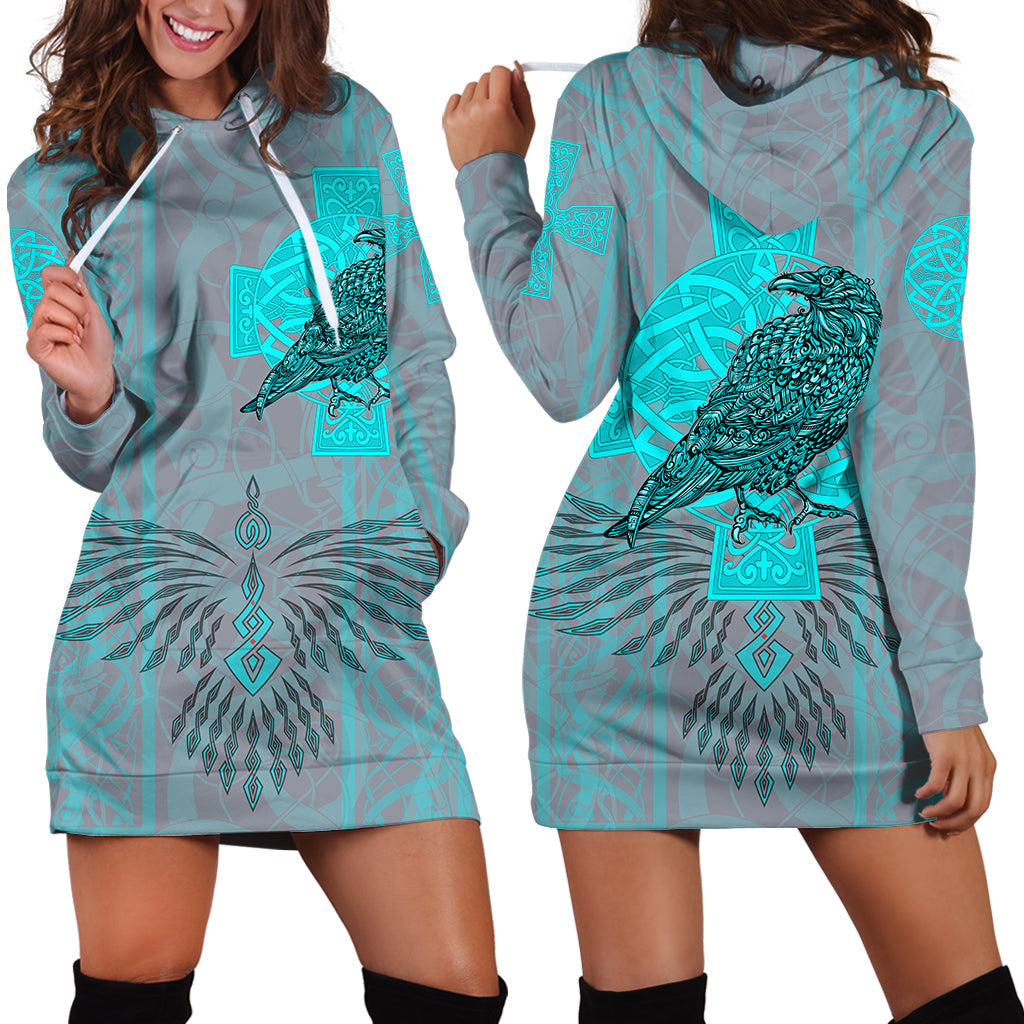 Viking Hoodie Dress Odin's Celtic Raven Scandinavian Tattoo Style Cyan RLT12 - Wonder Print Shop
