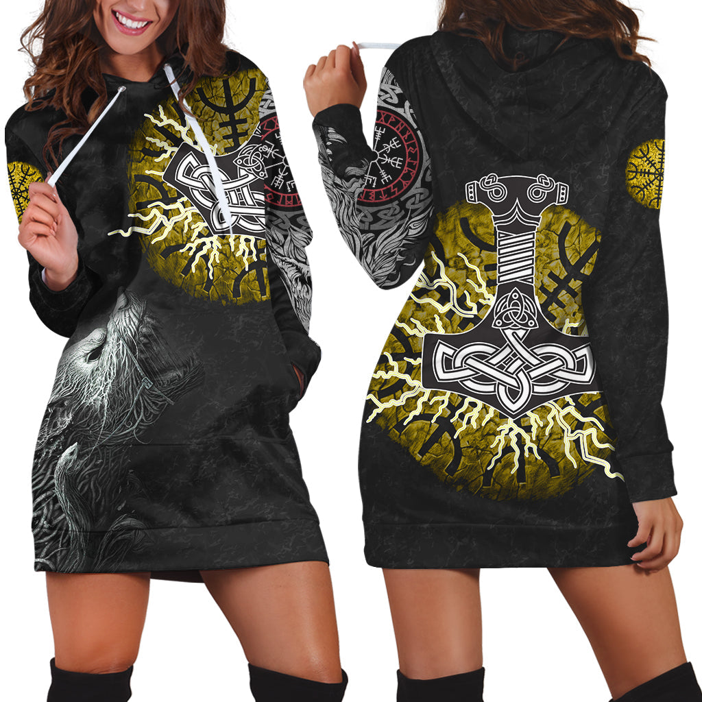 Viking Hoodie Dress Fenrir Fight Mjolnir Of Thor On Helm Of Awe RLT12 - Wonder Print Shop