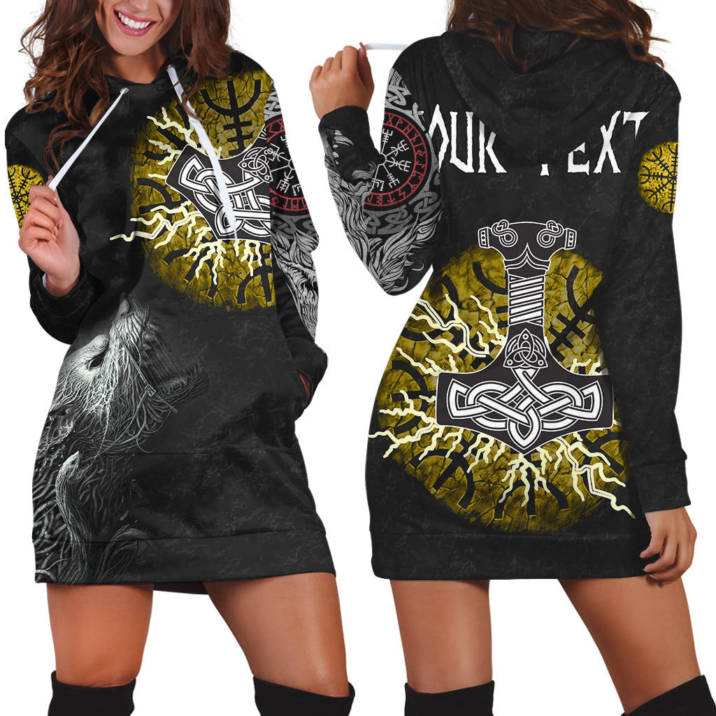 (Custom) Viking Hoodie Dress - Fenrir Fight Mjolnir Of Thor On Helm Of Awe RLT12 - Wonder Print Shop