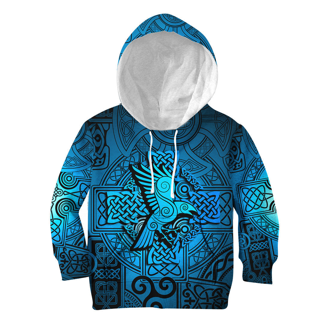 Viking Hoodie Kid Raven Odin Celtic Cyan RLT12 - Wonder Print Shop
