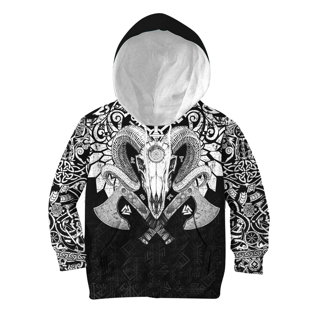Viking Ram Skull Tattoo With Vegvisir and Valknut Hoodie Kid RLT12 - Wonder Print Shop