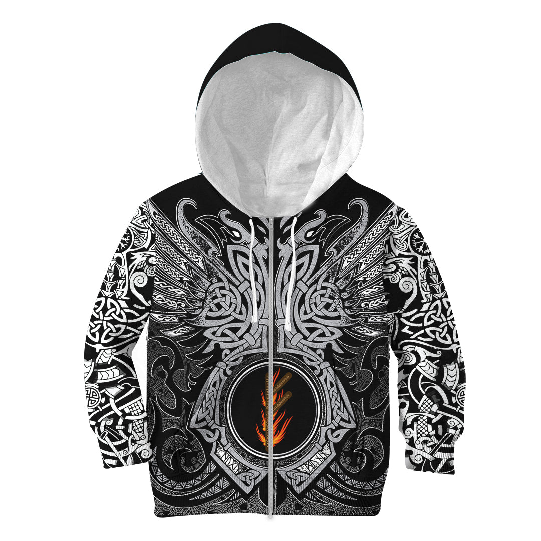 Viking Hoodie Kid Fehu Rune, Raven Tattoo RLT12 - Wonder Print Shop
