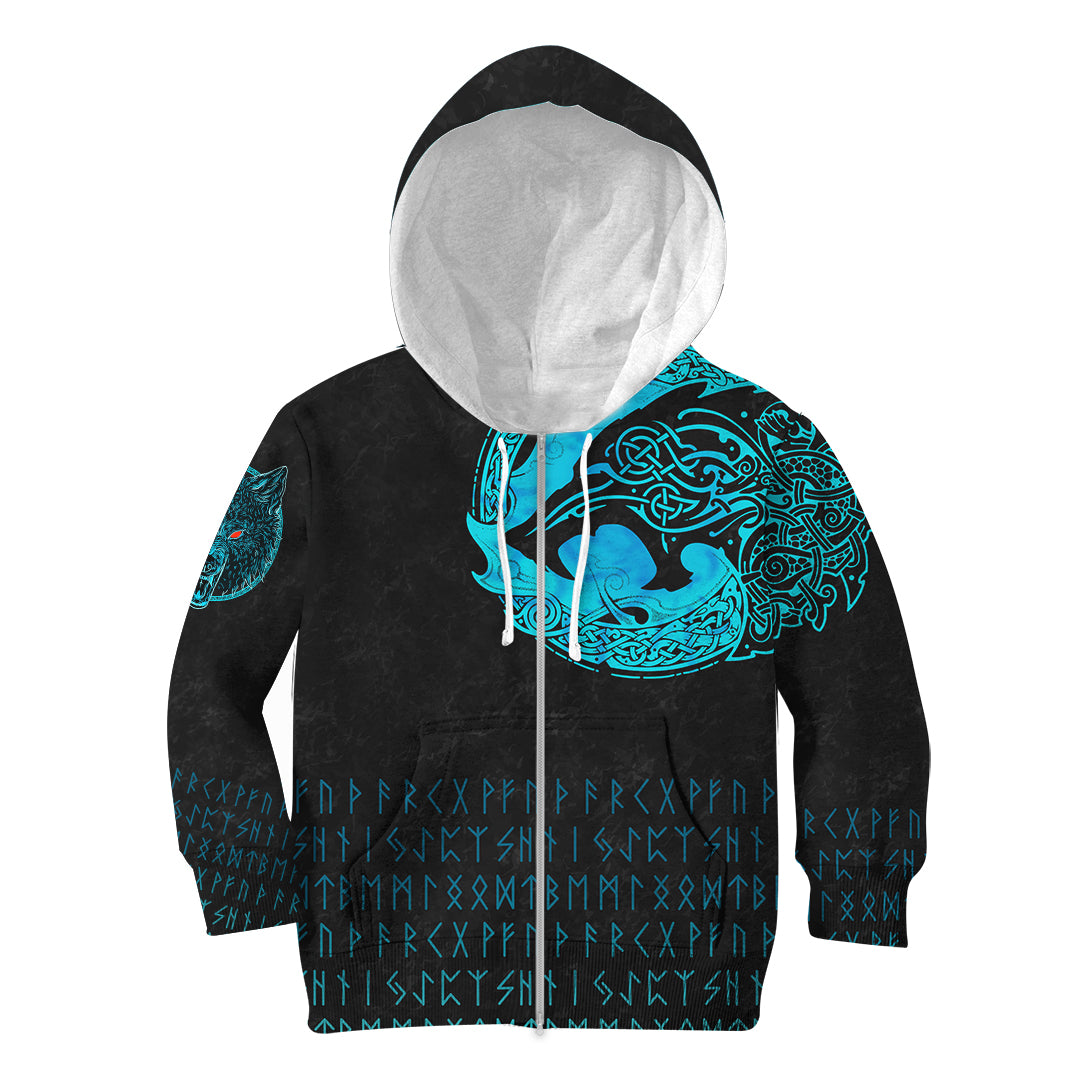 Viking Hoodie Kid Fenrir Wolf Cyan RLT12 - Wonder Print Shop