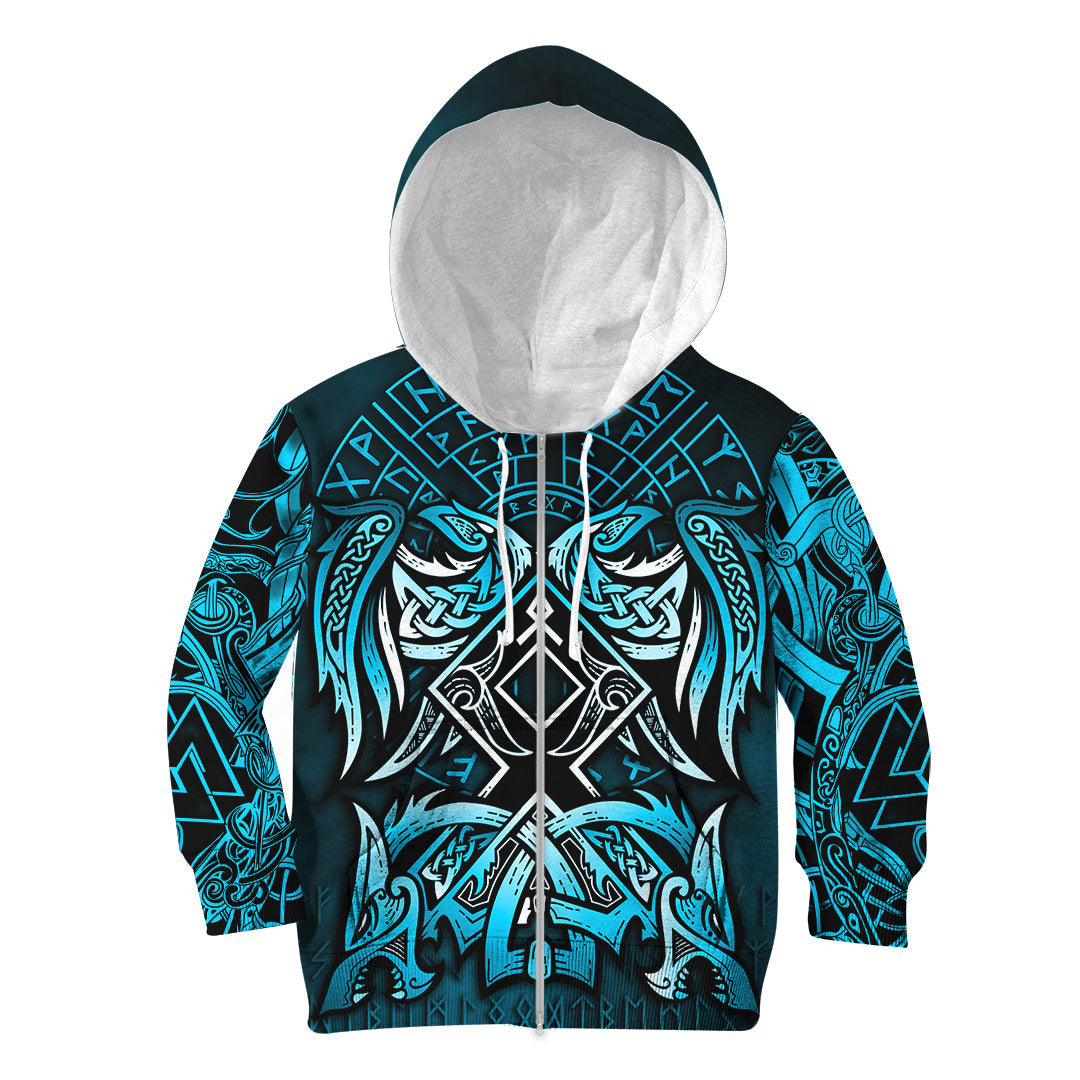 Viking Hoodie Kid Othala and Raven Blue RLT12 - Wonder Print Shop