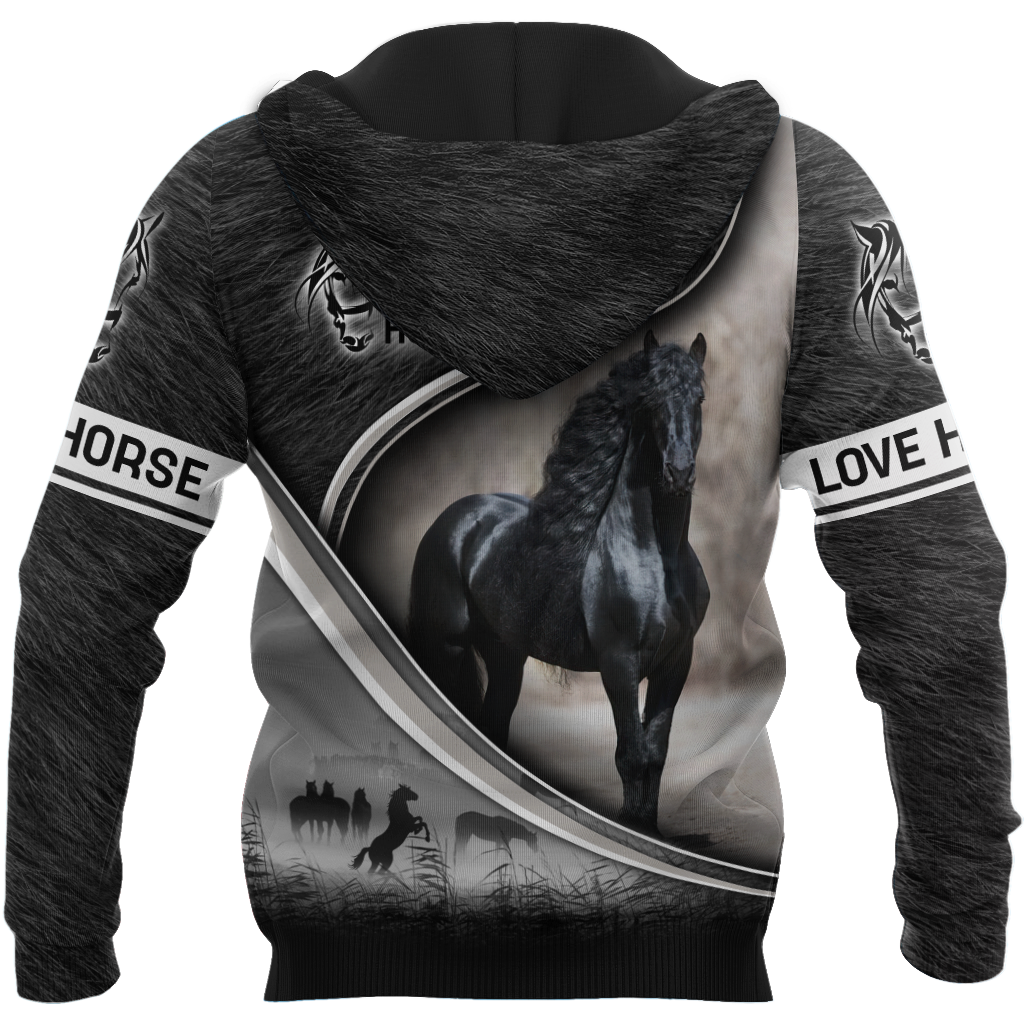 Black zip hoodie with large back horse artwork and LOVE HORSE sleeve bands.