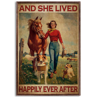 Framed vertical poster with horse, woman, and dogs; text 'AND SHE LIVED'