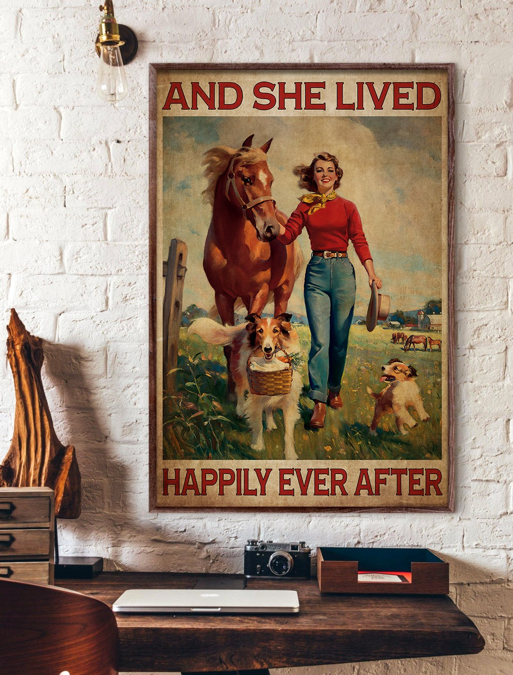 Vertical classic horse and woman poster with two dogs, framed
