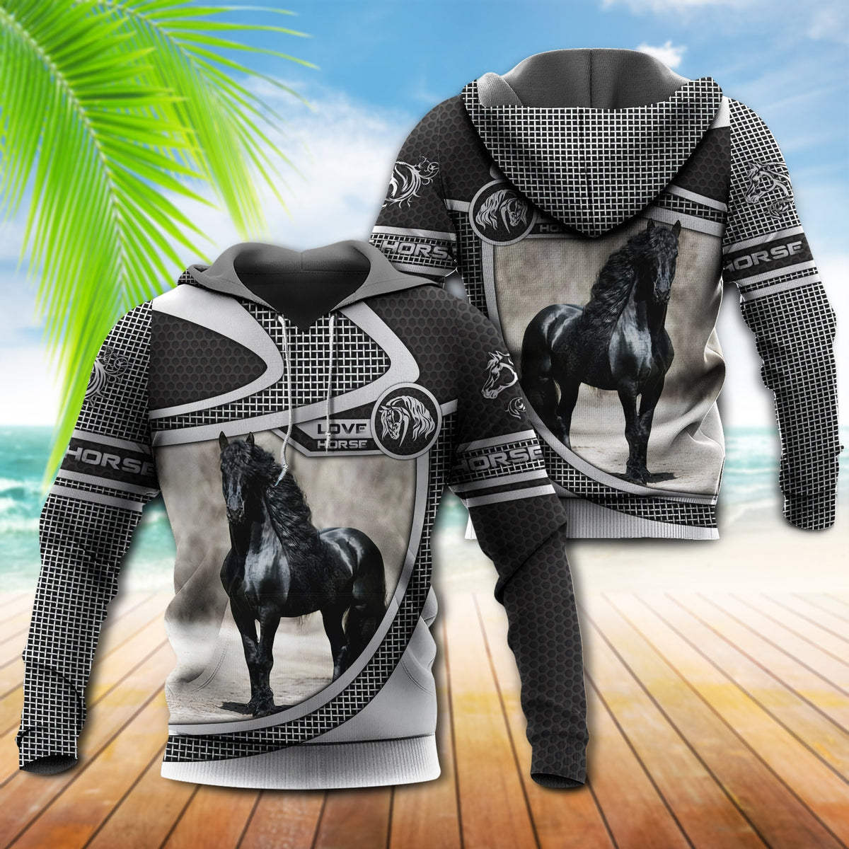 Black zip hoodie set with horse photo print, contrast geometric sleeves, drawstring hood.