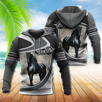 Black zip hoodie set with horse photo print, contrast geometric sleeves, drawstring hood.