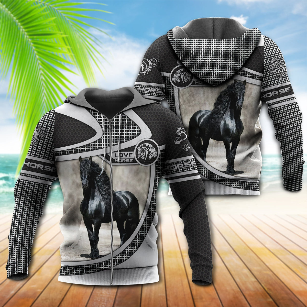 Front of black zip-up hoodie with horse photo print and patterned geometric sleeves, hood.
