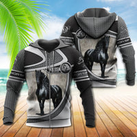 Front of black zip-up hoodie with horse photo print and patterned geometric sleeves, hood.