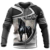 Black zip-up hoodie with large horse graphic front and contrast panel sleeves, hood.