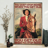 Framed vertical horse-riding poster: rider with tan horse, text "YOU DON'T STOP RIDING".