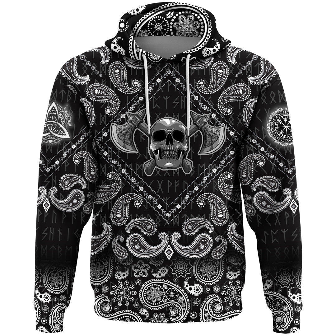 Viking Hoodie Human Skull With Axe with Bandana Paisley Style RLT12 - Wonder Print Shop
