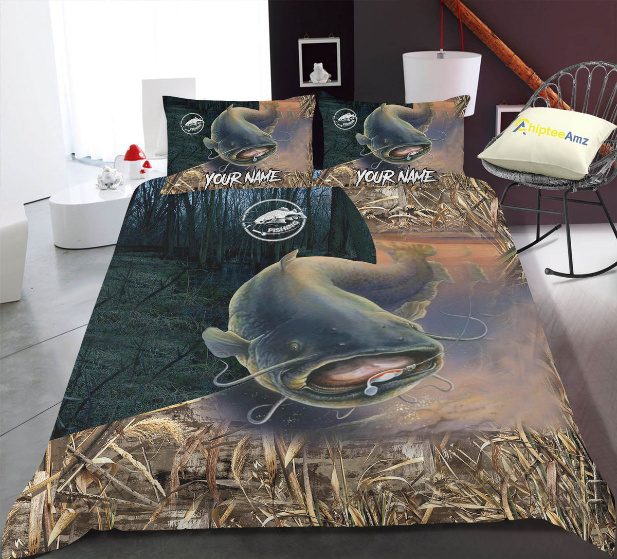 Catfish Fishing Camo Custom Fishing Bedding Sets, Personalized Fishing Gifts For Fisherman, Fishing Bedding Set - Wonder Print Shop