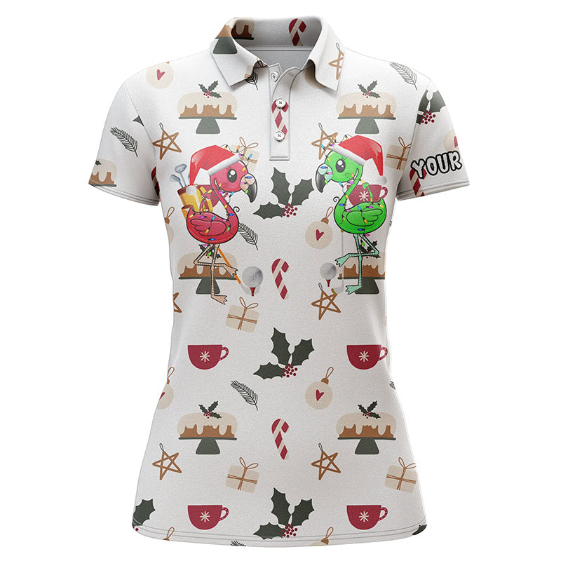 Funny Women Golf Polo Shirt Christmas Background Custom Name Flamingo Golf Friends Christmas Golf Gift - Wonder Print Shop