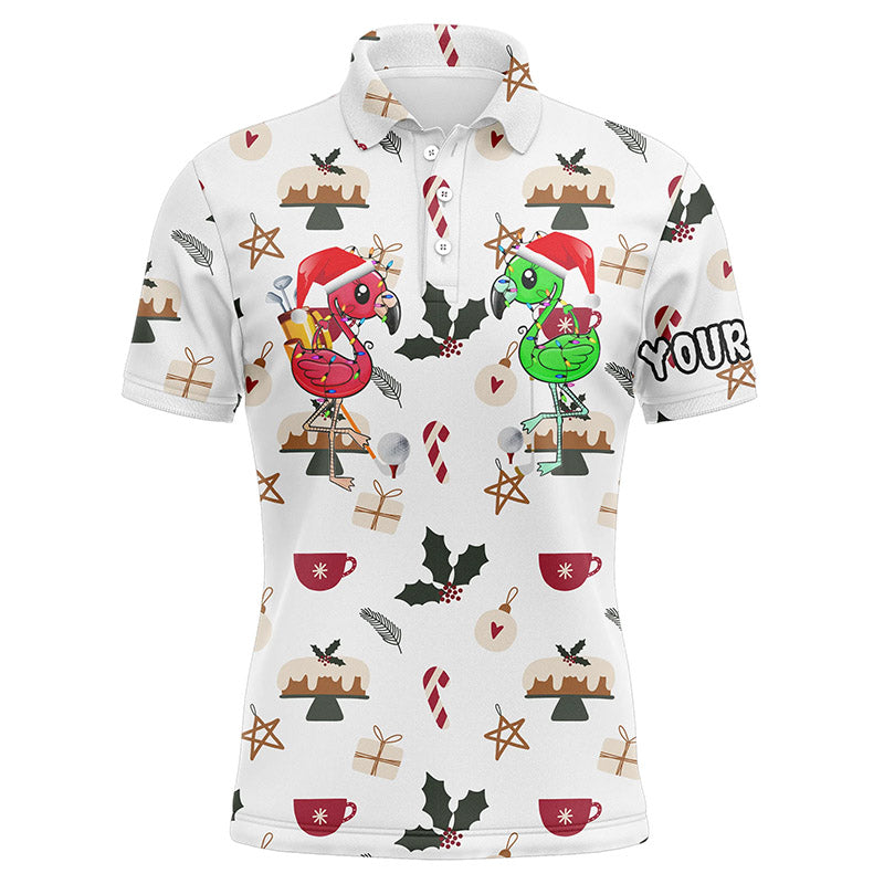 Funny Mens Golf Polo Shirt Christmas Background Custom Name Flamingo Golf Friends Christmas Golf Gift - Wonder Print Shop