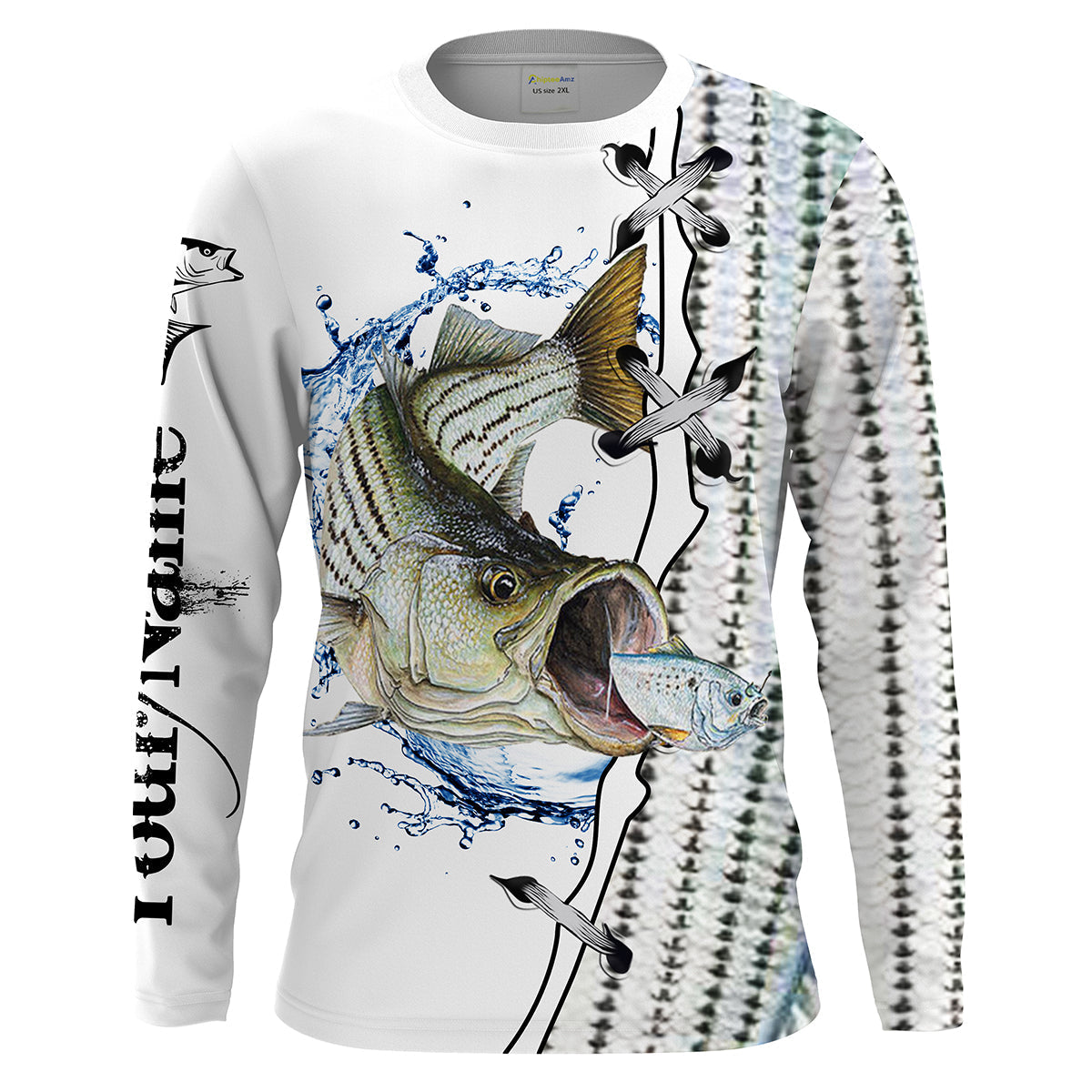 Striped Bass Striper Fishing White UV Protection Quick Dry Customize Name Tournament Long Sleeves Fishing Shirts UPF 30+, Fishing Long Sleeve Shirts - Wonder Print Shop