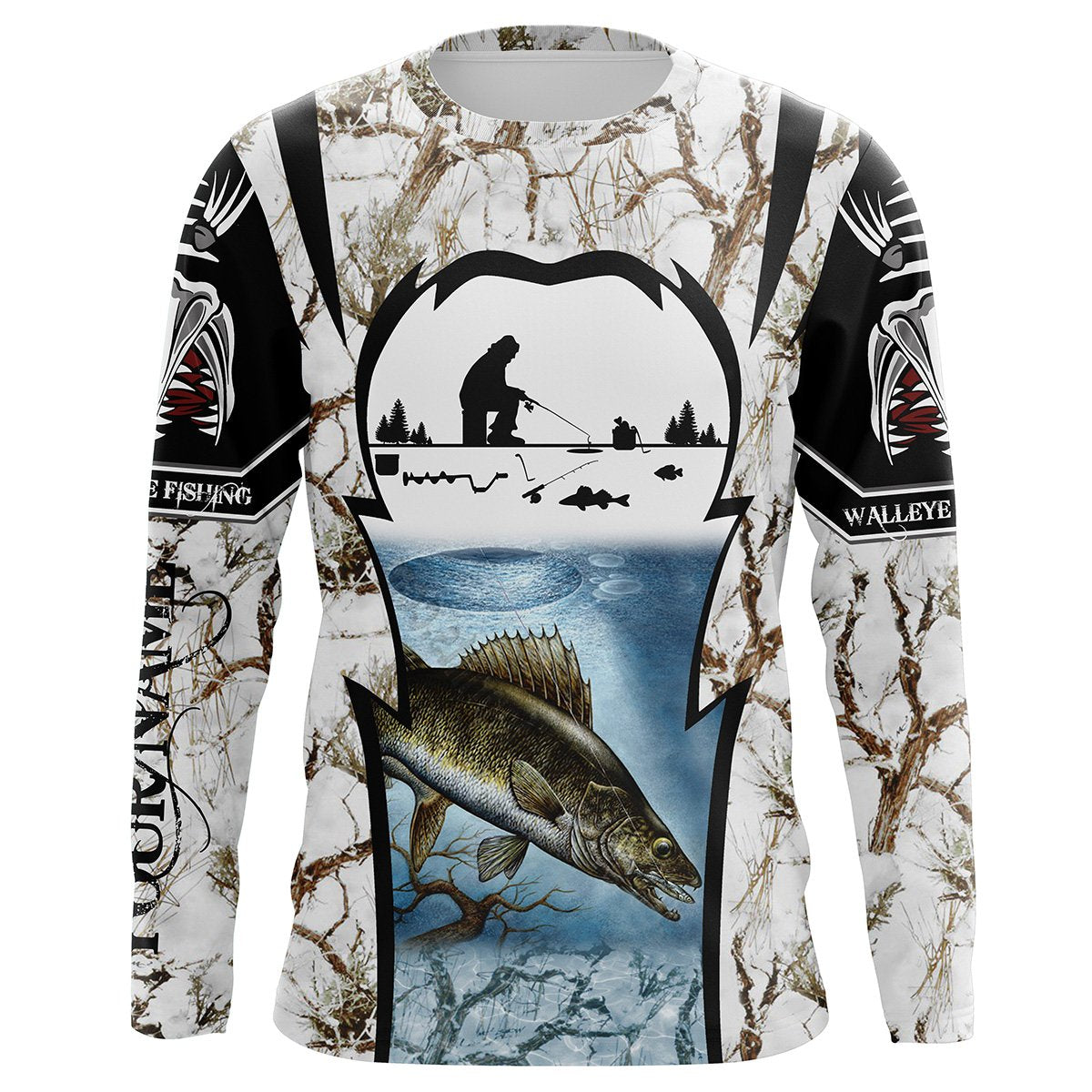 Ice Fishing Walleye Winter Camo Fishing Shirts For Men Performance Long Sleeve UV Protection Quick Dry Customize Name UPF 30+, Fishing Long Sleeve Shirts - Wonder Print Shop