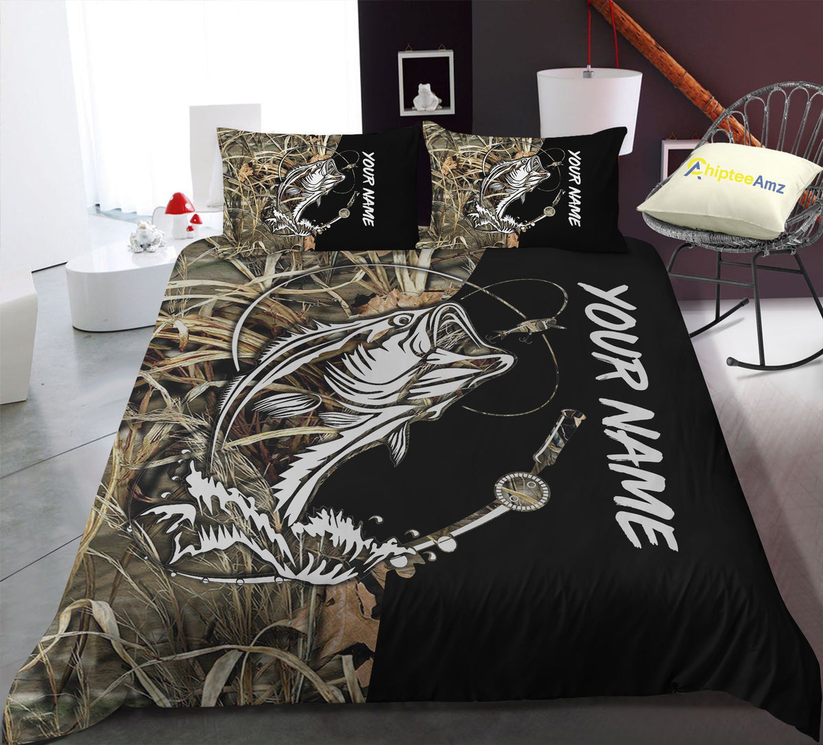 Beautiful Bass Fishing Tattoo Camo Custom Fishing Bedding Sets, Personalized Gifts For Fishing Lovers, Fishing Bedding Set - Wonder Print Shop
