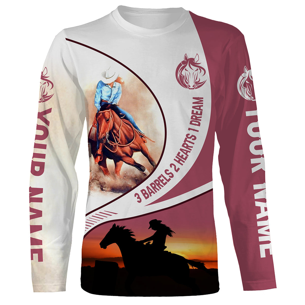 3 Barrels 2 Hearts 1 Dream Horse Barrel Racing Rodeo Custom Name Riding Horse Shirts, Fishing Long Sleeve Shirts - Wonder Print Shop
