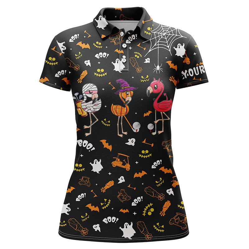 Funny Women Golf Polo Shirt Orange Black Halloween Background Custom Name Flamingo Golf Friends - Wonder Print Shop