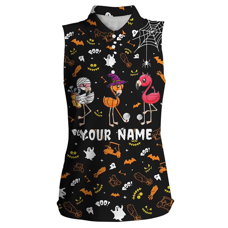 funny-womens-sleeveless-polo-shirt-orange-black-halloween-background-custom-name-flamingo-golf-friends-fishing-sleeveless-polo-shirt
