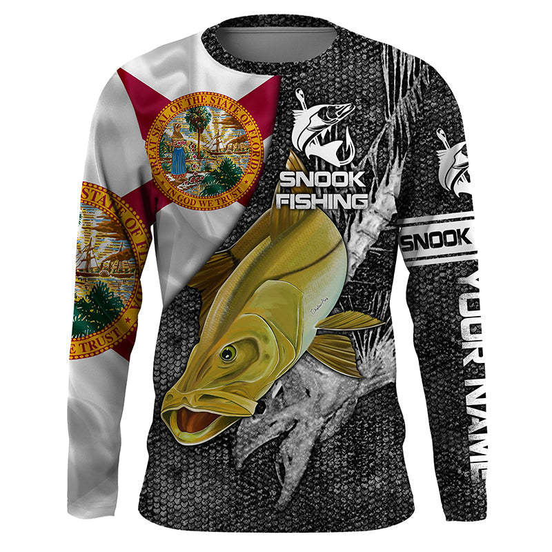Florida Flag Snook Fishing Custom Name Long Sleeve Performance Fishing Shirts, Snook Fishing Jerseys, Fishing Long Sleeve Shirts - Wonder Print Shop