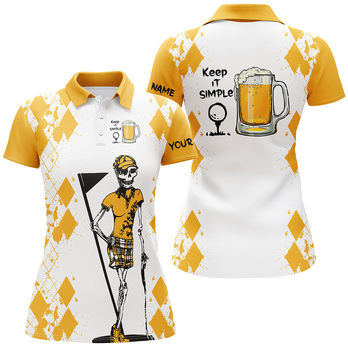 White Yellow Womens Golf Shirt Skull Keep It Simple Golf and Beer Custom Name Womens Golf Polo Shirt - Wonder Print Shop