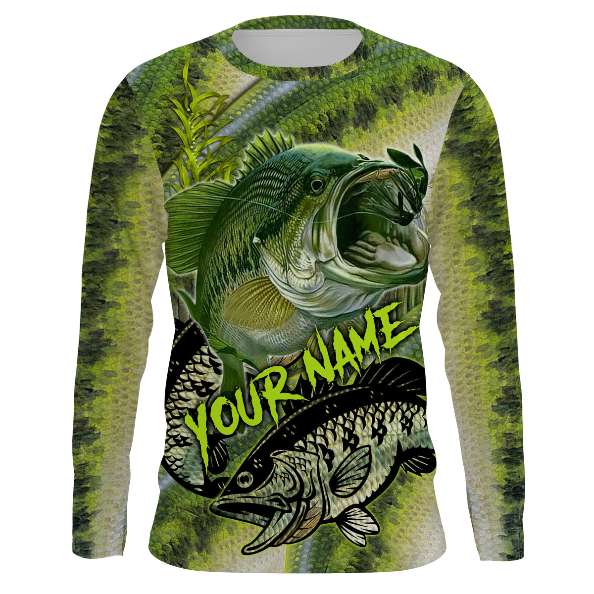 Personalized Bass Fishing Jerseys, Bass Fishing Green Scales Long Sleeve Fishing Tournament Shirts, Fishing Long Sleeve Shirts - Wonder Print Shop