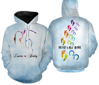 Light blue all-over printed hoodie with colorful horse graphic and cursive name front