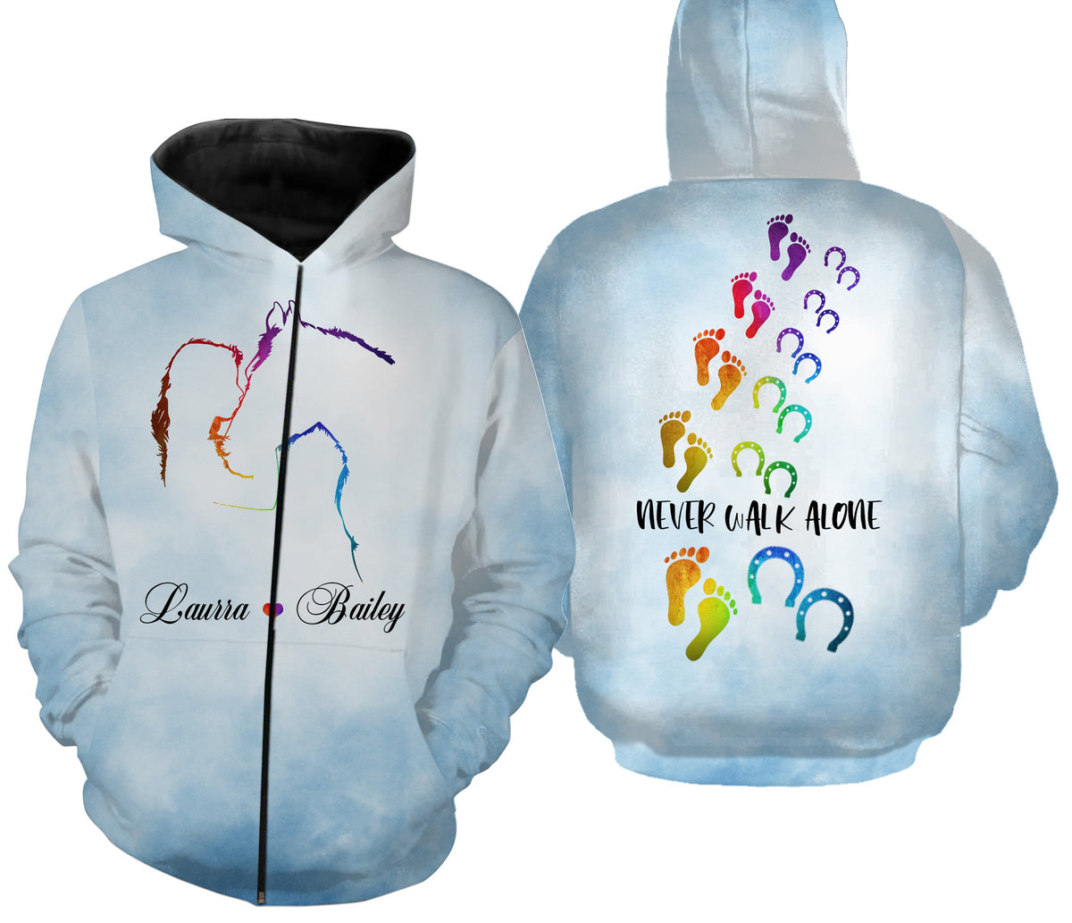 Light blue all-over printed zip hoodie with colorful horse front and paw-print lettering back