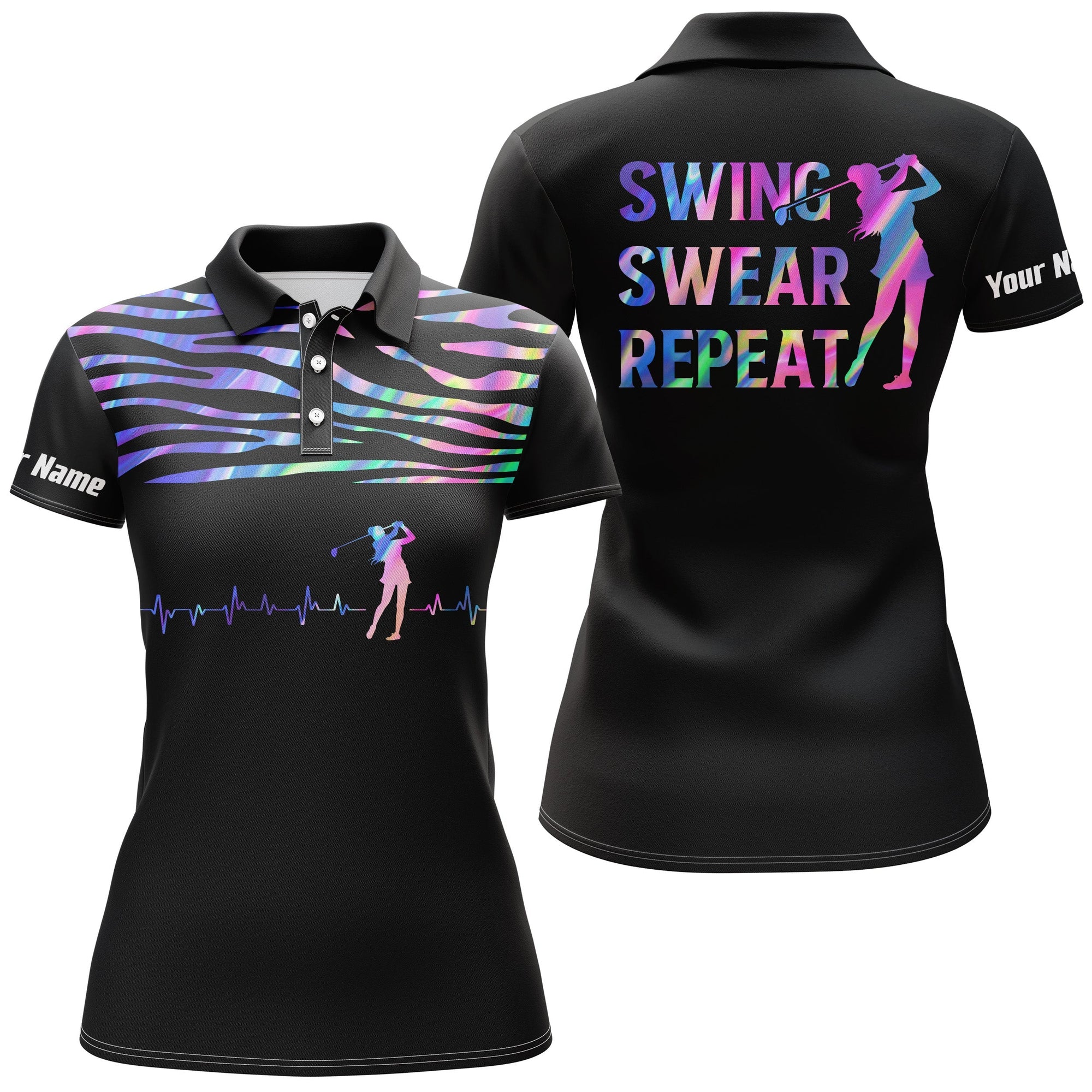 womens-golf-polo-shirt-golf-heart-beat-hologram-custom-name-swing-swear-repeat-black-golf-shirt-fishing-polo-shirt