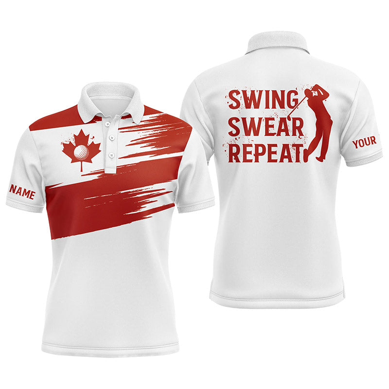 Mens Golf Polo Shirt Canada Flag Patriot Custom Name Swing Swear Repeat White Golf Shirt - Wonder Print Shop