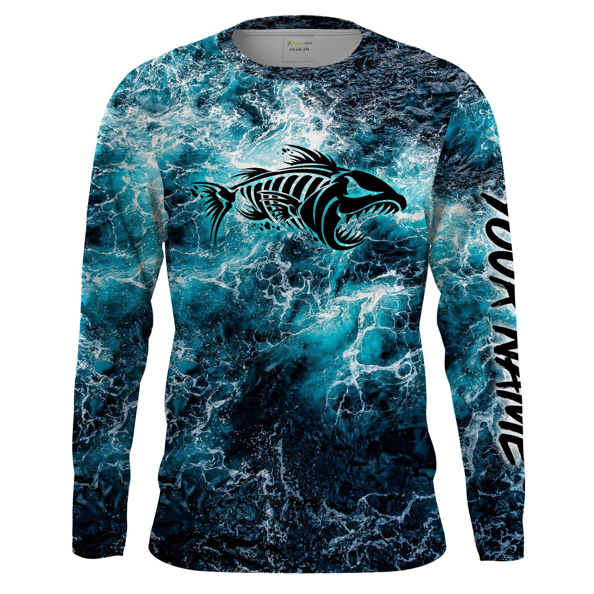 Custom Blue Ocean Fish Bone Saltwater Long Sleeve Fishing Shirts UV Protection, Sea Wave Camo Fishing Shirt, Fishing Long Sleeve Shirts - Wonder Print Shop