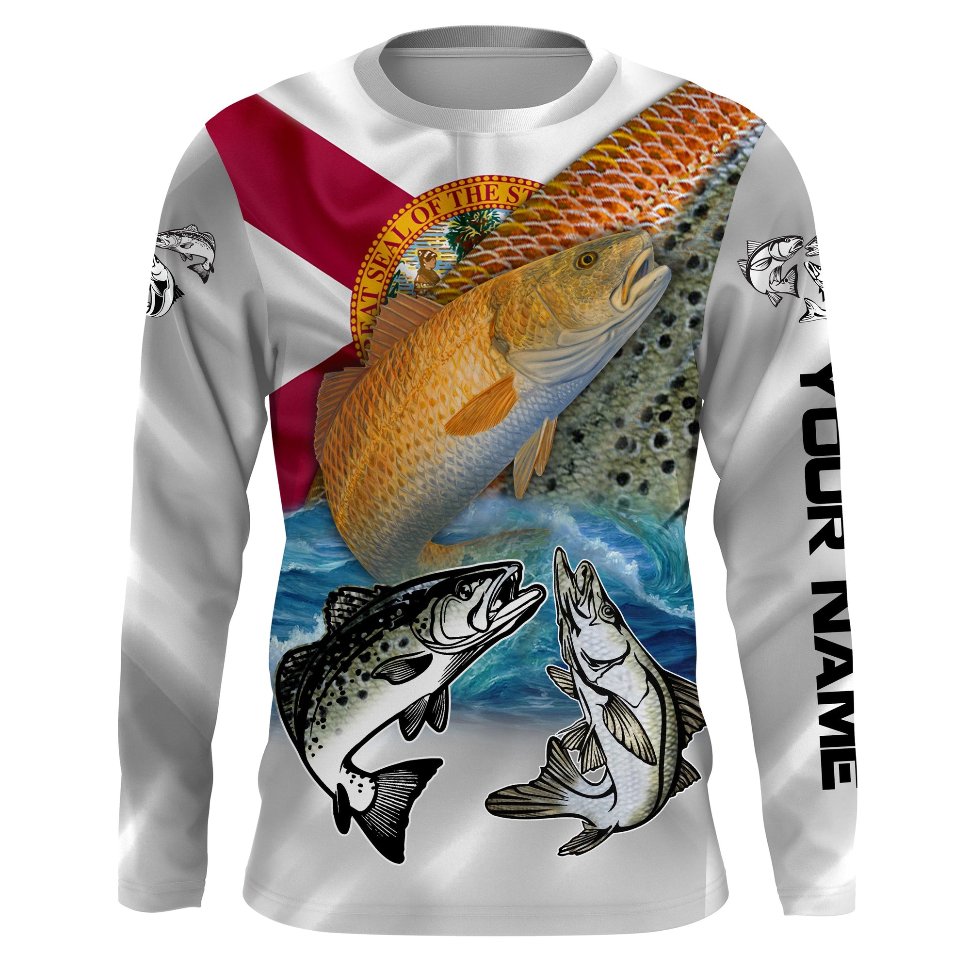 Inshore Slam Florida Fishing Redfish, Trout, Snook Patriotic Fishing Jersey UV Protection Customize Name UPF 30+ Gift For Fisherman, Fishing Long Sleeve Shirts - Wonder Print Shop