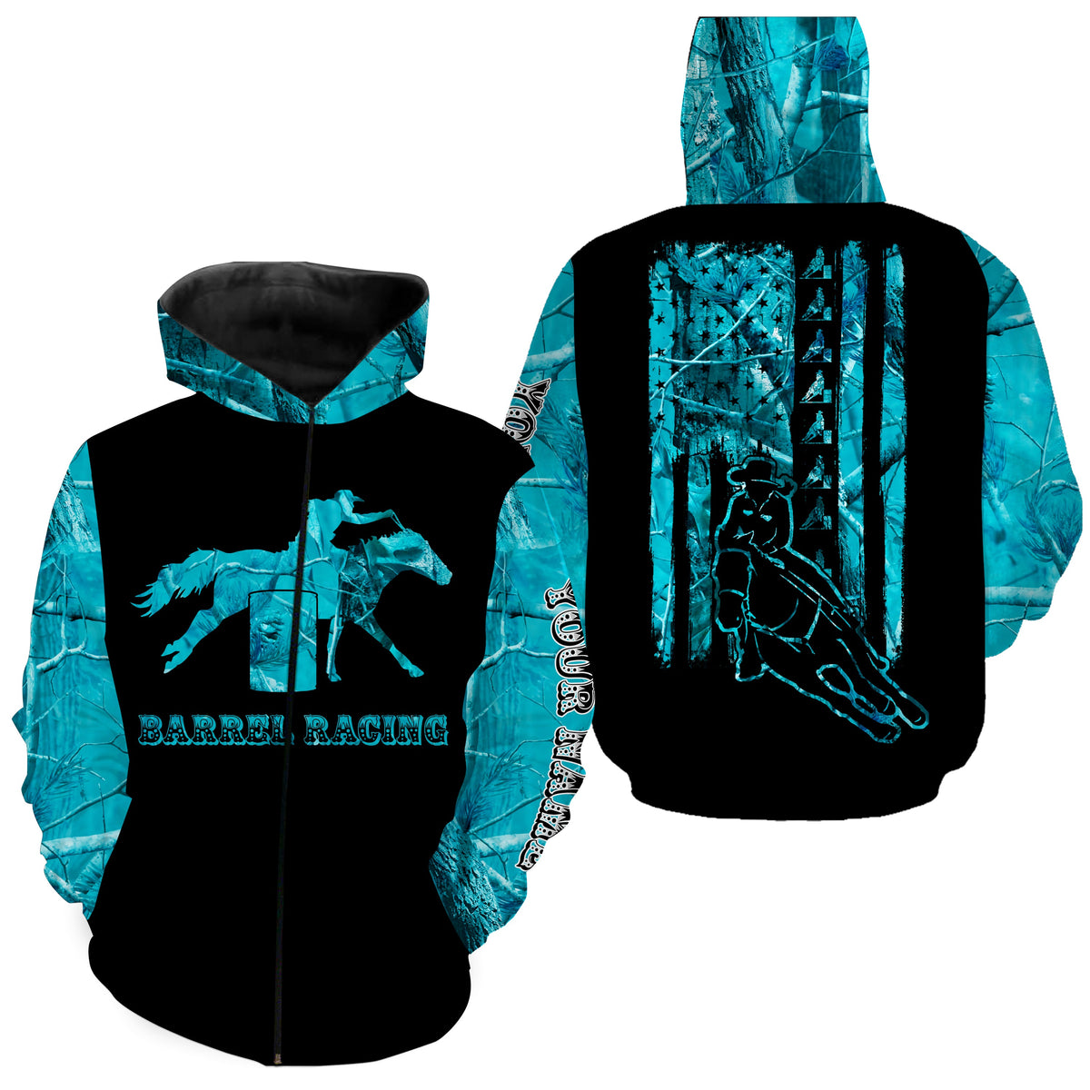 Blue camo zip hoodie with horse rider and Barrel Racing text; star back print