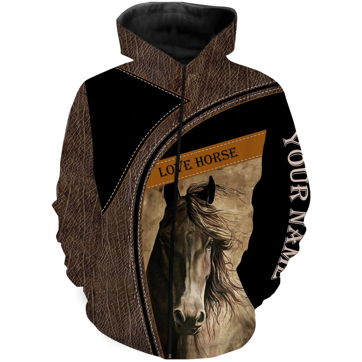 Full-print pullover hoodie with horse portrait and “LOVE HORSE” text; brown/black; hood