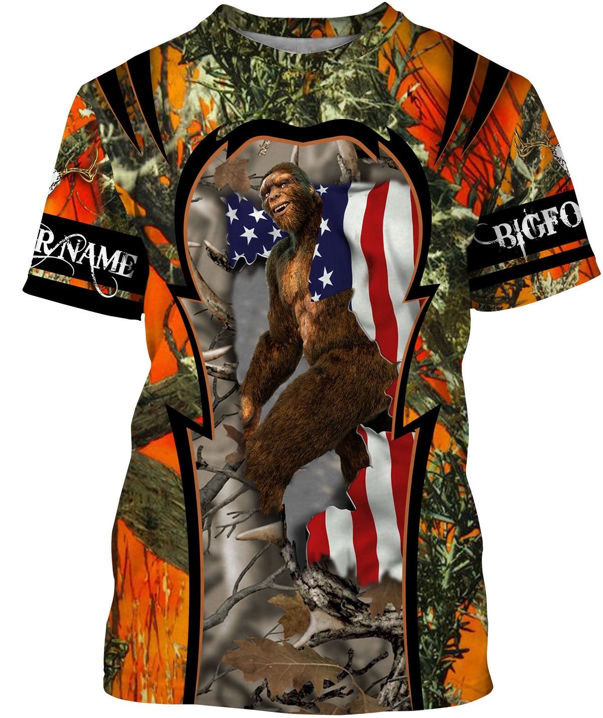 Bigfoot Sasquatch American Flag Customized Orange Camouflage Shirts Sasquatch Custom Name Camping Shirts - Wonder Print Shop