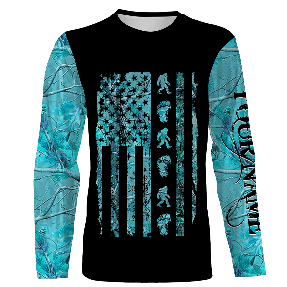 Personalized Bigfoot American Flag Blue Camo Camping Shirt Sasquatch Custom Shirts Bigfoot Lover Gifts, Fishing Long Sleeve Shirts - Wonder Print Shop
