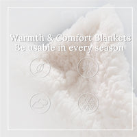 Light white plush blanket with seasonal comfort icons for all-year use