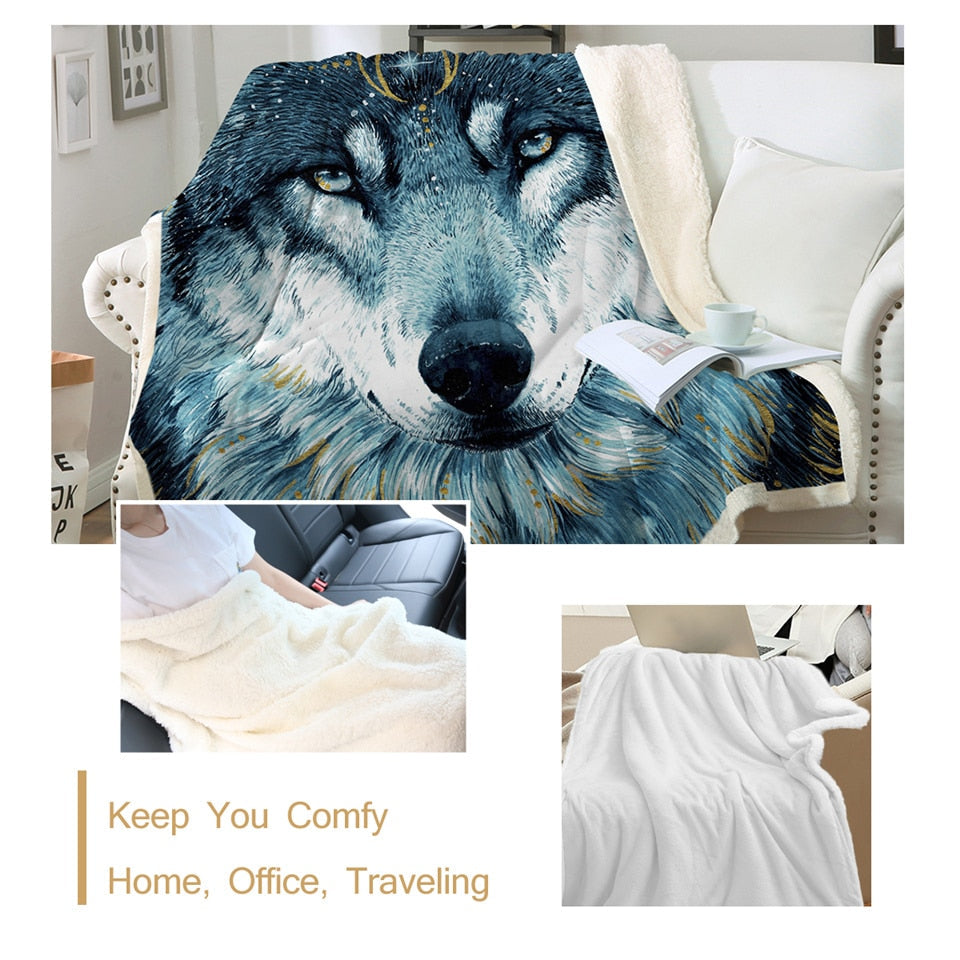 Dark blue wolf portrait blanket with cream backing shown in a stacked layout