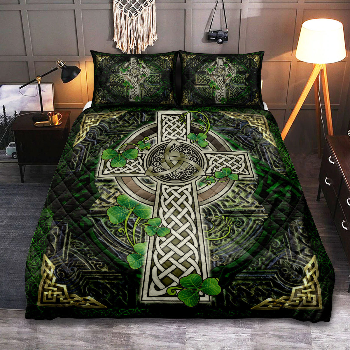Irish Shamrock Celtic Cross Quilt Bed Set - Wonder Print Shop