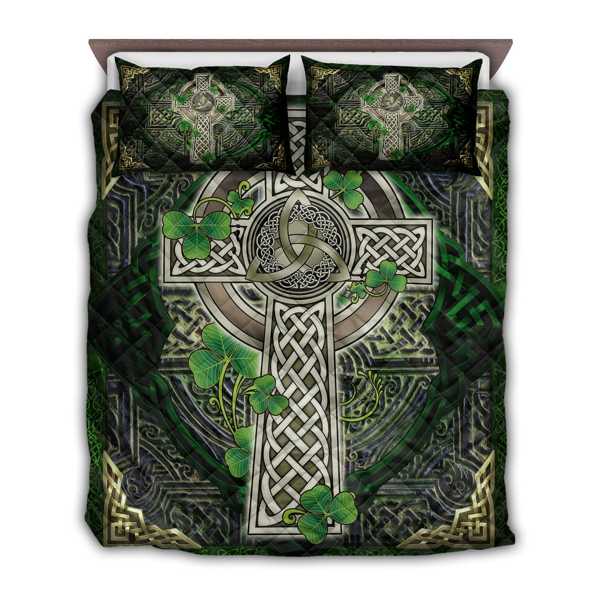 Irish Shamrock Celtic Cross Quilt Bed Set - Wonder Print Shop