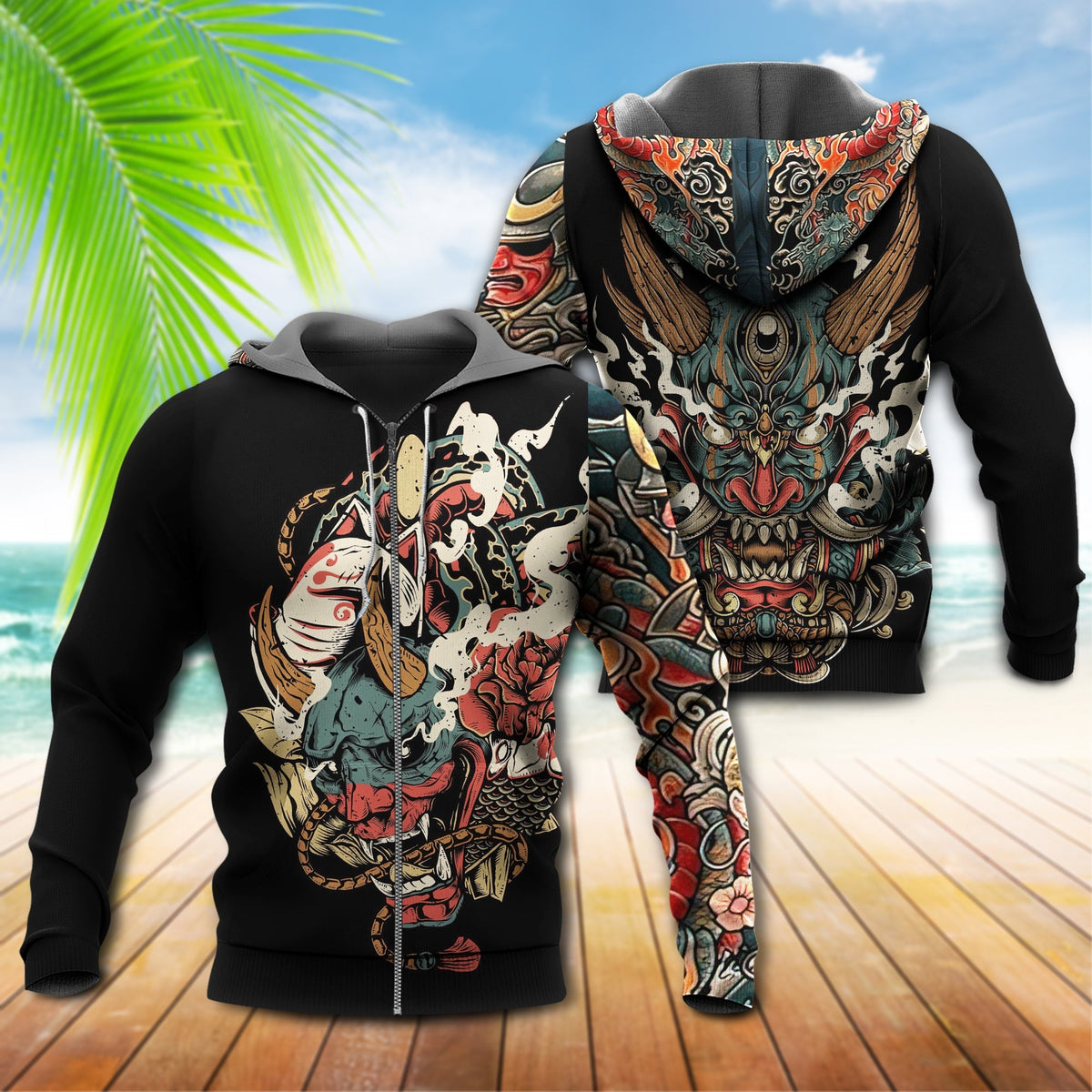 Japan Culture Oni Mask Tattoo Colorful Hoodie - Wonder Print Shop