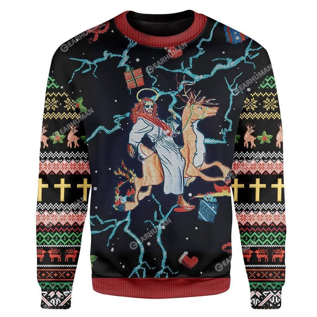 Jesus Riding Reindeer Ugly Christmas Sweater - Wonder Print Shop